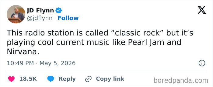 Classic rock radio playing Pearl Jam and Nirvana tweet joke