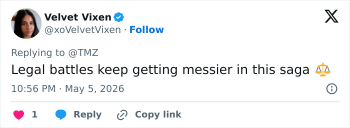 A tweet from Velvet Vixen about messy legal battles, connecting to Angelina Jolie's courtroom victory and email speculation. A tweet from Velvet Vixen about messy legal battles, connecting to Angelina Jolie's courtroom victory and email speculation.