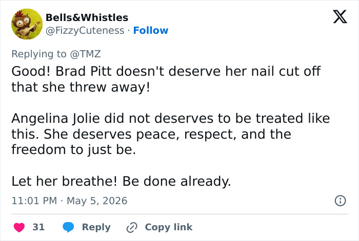 A tweet by Bells&Whistles, expressing strong support for Angelina Jolie, mentioning Brad Pitt and courtroom victory. A tweet by Bells&Whistles, expressing strong support for Angelina Jolie, mentioning Brad Pitt and courtroom victory.