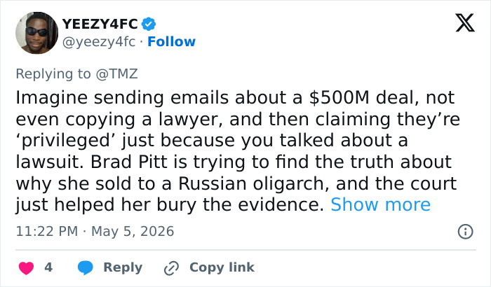 A tweet from @yeezy4fc about behind-the-scenes emails involving Angelina Jolie and Brad Pitt, speculating about a $500M deal. A tweet from @yeezy4fc about behind-the-scenes emails involving Angelina Jolie and Brad Pitt, speculating about a $500M deal.