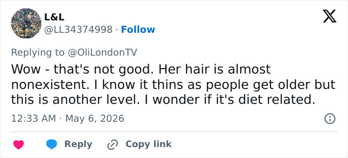 Um tweet expressando preocupação com a queda de cabelo de Olivia Wilde e a possível relação com a dieta, alimentando comparações com Gollum.