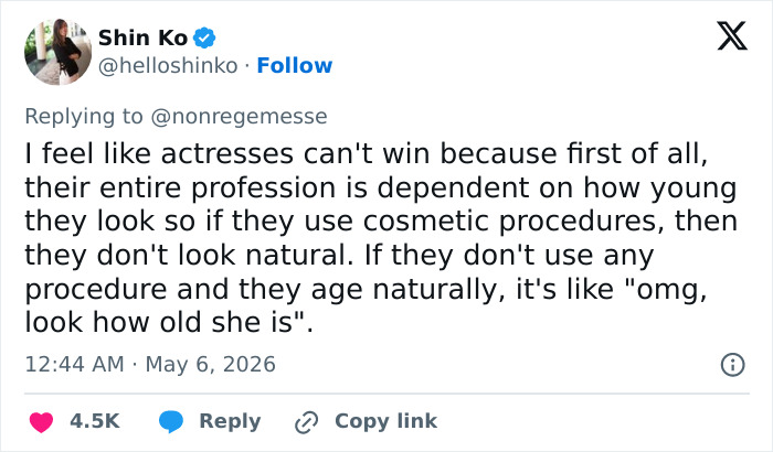 A tweet from Shin Ko about actresses' struggles with age and natural appearance, relevant to Anne Hathaway botox discussion.