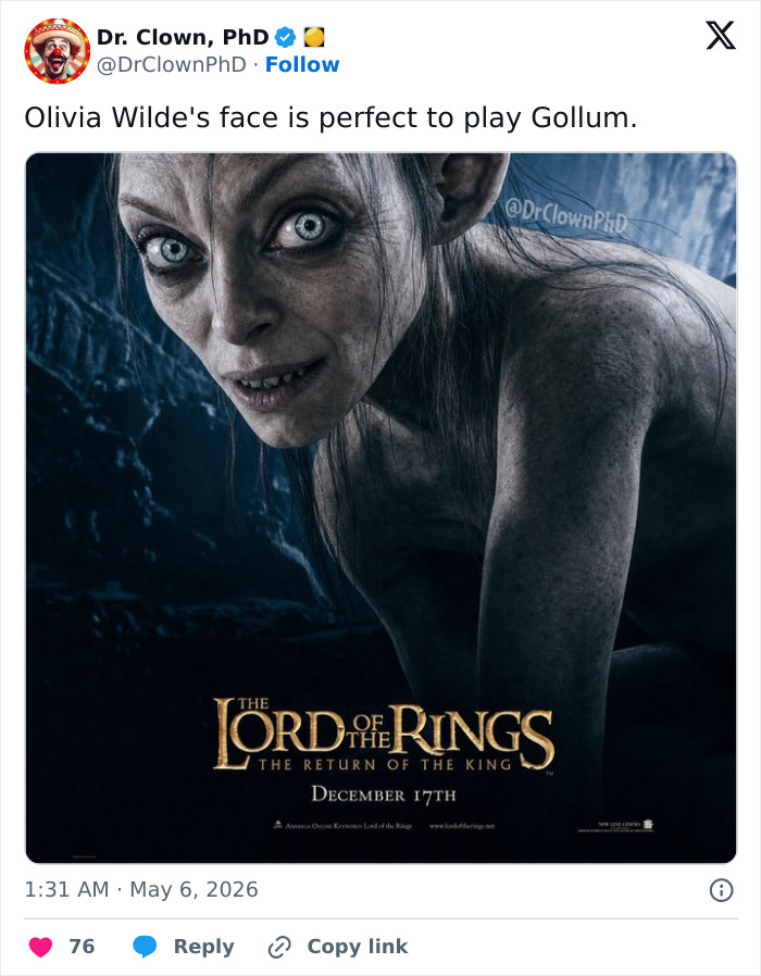 Uma imagem photoshopada de Olivia Wilde como Gollum para O Senhor dos Anéis, alimentando a preocupação dos fãs.