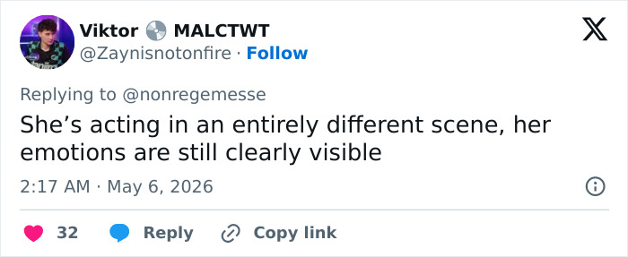 A tweet from Viktor about Anne Hathaway's scene in The Odyssey, saying her acting shows emotions despite Botox.