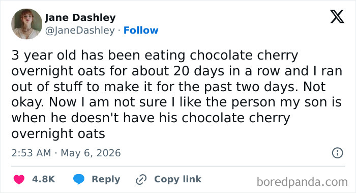 Parenting tweet about a son's obsession with chocolate cherry overnight oats for 20 days