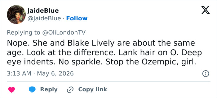Um tweet discutindo a aparência de Olivia Wilde, mencionando comparações com Gollum, Ozempic e Blake Lively.