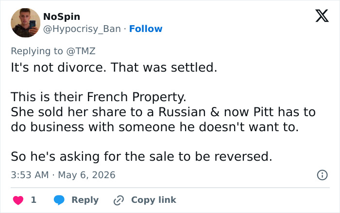 A tweet discussing Angelina Jolie and Brad Pitt's courtroom victory over their French property dispute, sparking online speculation. A tweet discussing Angelina Jolie and Brad Pitt's courtroom victory over their French property dispute, sparking online speculation.