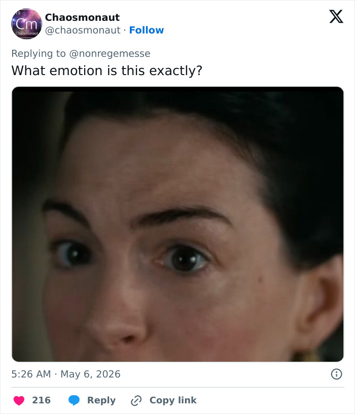 Anne Hathaway's dramatic facial expression from The Odyssey, highlighting her intense acting despite apparent Botox.