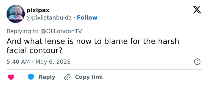 Um tweet perguntando: E qual lente é agora a culpada pelo contorno facial áspero? referindo-se a Olivia Wilde e Gollum.