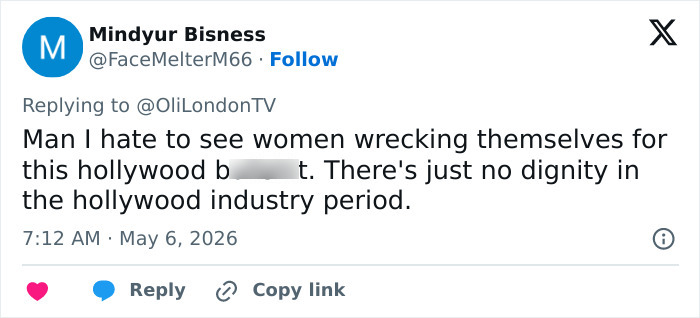 Um tweet de Mindyur Bisness expressando preocupação com as mulheres em Hollywood. A comparação de Olivia Wilde com Gollum está alimentando a preocupação dos fãs.