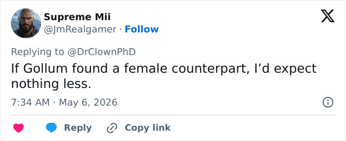 Um comentário no Twitter dizendo: "Se Gollum encontrasse uma contraparte feminina, eu não esperaria nada menos," sobre Olivia Wilde.