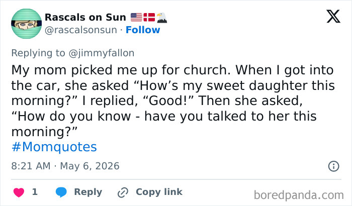 A tweet about a mother's funny question to her daughter, showcasing the ups and downs of motherhood.