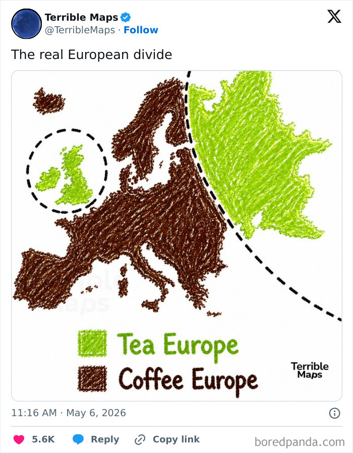 Illustrated Europe map dividing countries into Tea Europe and Coffee Europe regions