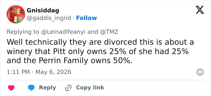 A tweet about Angelina Jolie and Brad Pitt's courtroom victory, detailing winery ownership percentages. A tweet about Angelina Jolie and Brad Pitt's courtroom victory, detailing winery ownership percentages.