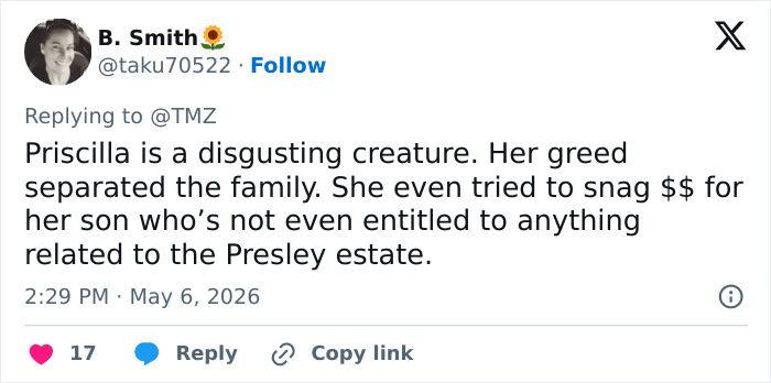A tweet by B. Smith calling Priscilla a disgusting creature for her greed, separating the family over the Presley estate.