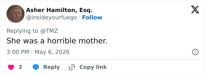 A tweet by Asher Hamilton stating, She was a horrible mother, referencing Priscilla Presley and the controversy around Lisa Marie's passing.