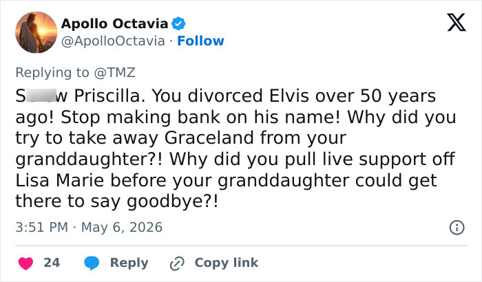 A tweet from Apollo Octavia slamming Priscilla Presley's actions regarding her daughter Lisa Marie's passing. Disgusting creature.