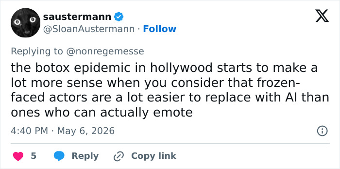 A tweet from saustermann about the botox epidemic in Hollywood and how frozen-faced actors are easier for AI to replace.