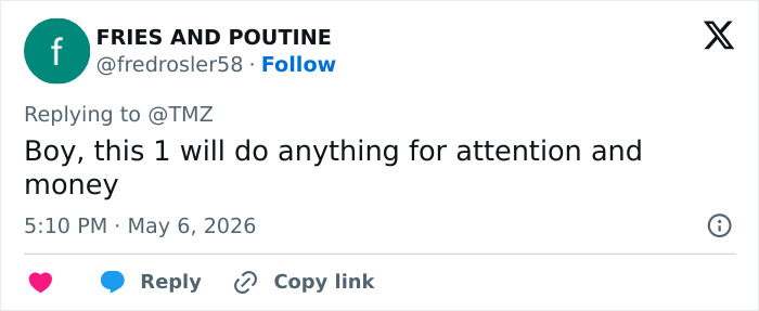 A tweet from @fredrosler58 replying to @TMZ, stating, 