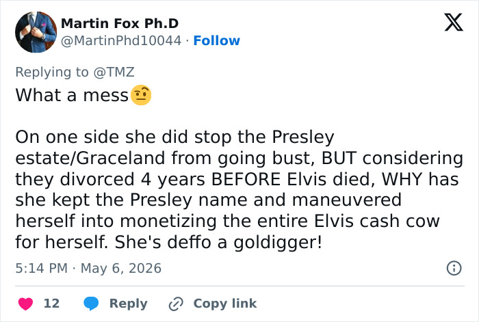 Screenshot of a tweet by Martin Fox Ph.D. about Priscilla Presley. The tweet criticizes Priscilla, implying she is a golddigger after Lisa Marie's passing.