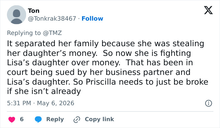 A tweet from @Tonkrak38467 about Priscilla Presley, accusing her of stealing money, labeled a 'Disgusting Creature'.