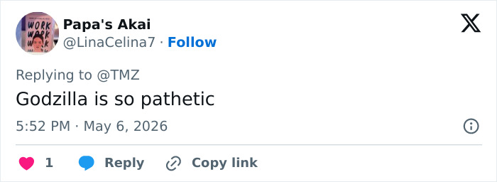 A tweet from "Papa's Akai" replying to TMZ, saying "Godzilla is so pathetic." Fans slam Priscilla Presley.