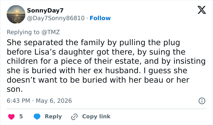 A tweet from SonnyDay7 criticizing Priscilla Presley, using the phrase "disgusting creature" after Lisa Marie's passing.
