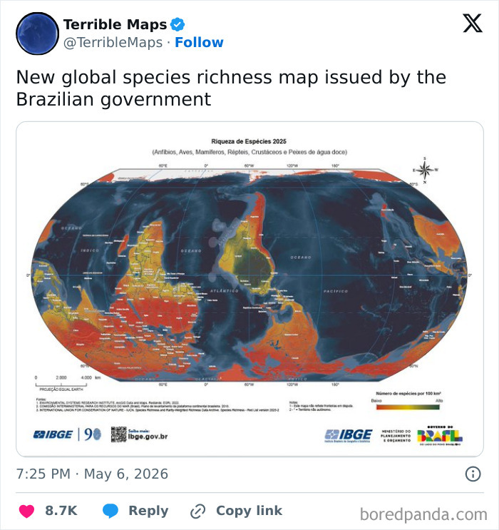 Global species richness map released by Brazilian government with biodiversity hotspots