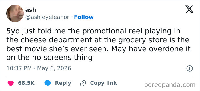 Relatable parenting tweet about a 5-year-old loving a grocery store promotional reel