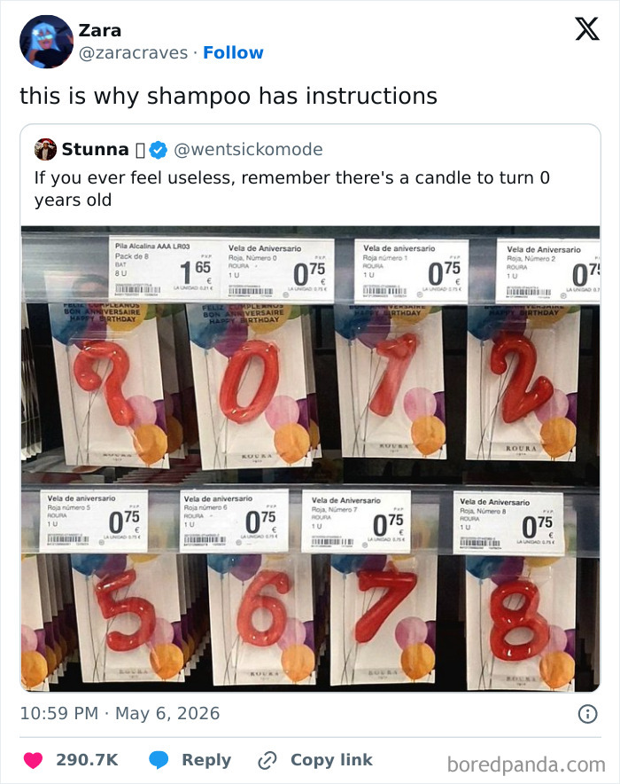 Display of humorous birthday candles including a zero and other numbers