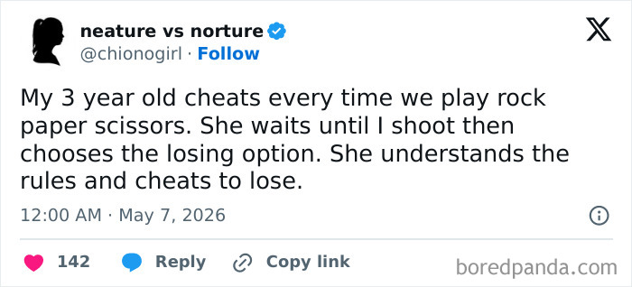 Parent shares 3 year old cheats at rock paper scissors by choosing losing option