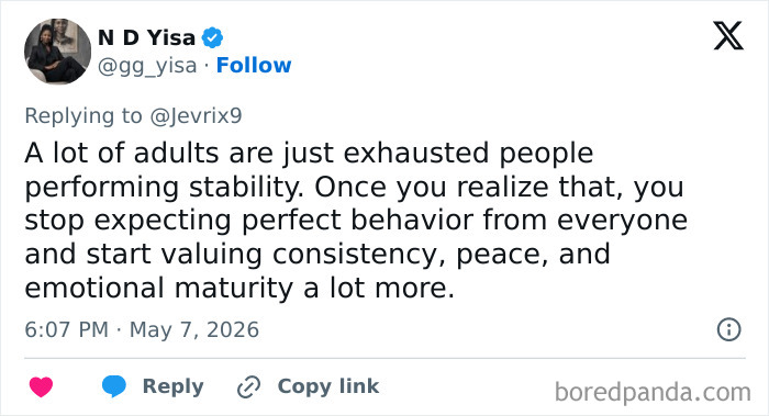 Tweet about adults valuing consistency, peace, and emotional maturity in adult problems and surprises