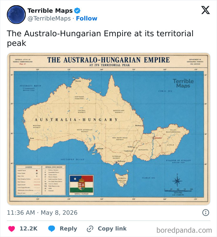 Map depicting the Australo-Hungarian Empire covering Australia at territorial peak
