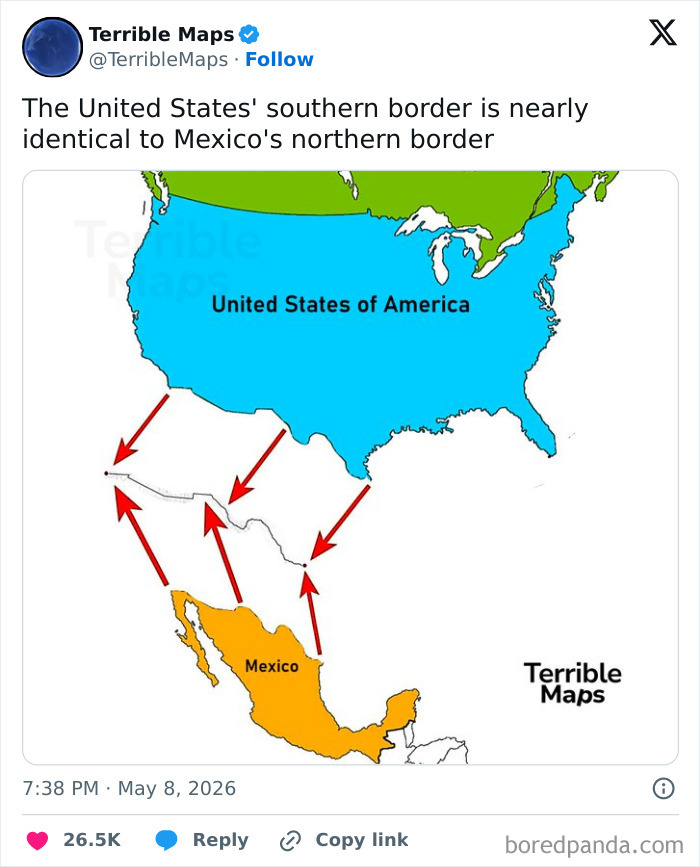 Map showing similarity of US southern border to Mexico's northern border with arrows