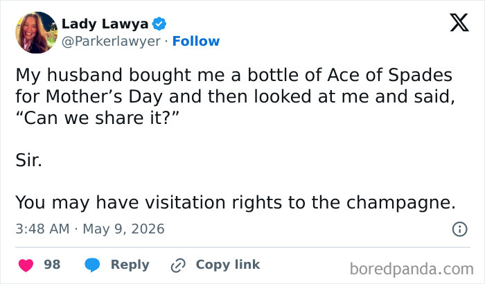 Funny Mother's Day parenting confession about sharing champagne with husband