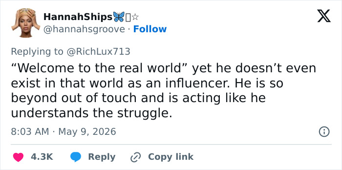 Tweet criticizing influencer being out of touch with real world struggles