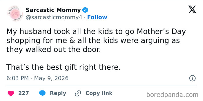 A Sarcastic Mommy tweet about Mother's Day, expressing the ups and downs of motherhood with humor. Funniest Mother's Day Tweets.