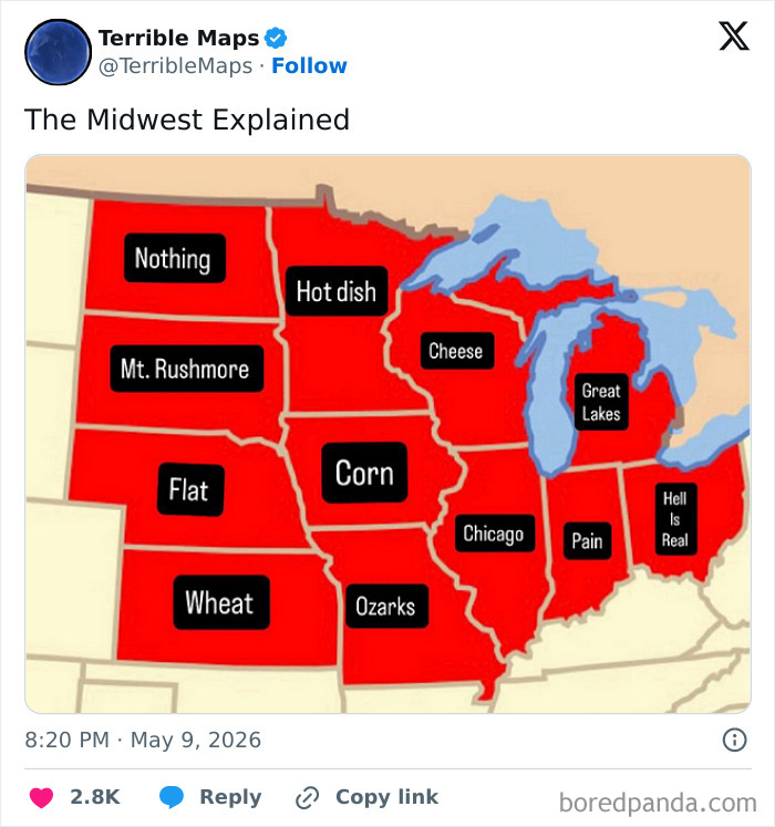 Midwest map explaining states with labels like corn, cheese, and hot dish in red
