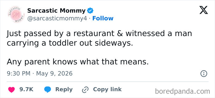 Tweet describing parents understanding toddler being carried sideways