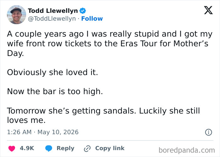 A hilarious tweet by Todd Llewellyn about Mother's Day gifts, showing the ups and downs of motherhood.