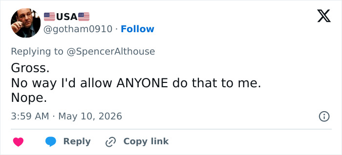 A screenshot of a tweet with a user's profile picture showing a man. The tweet reads Gross. No way I'd allow ANYONE do that to me. Nope. Matt Damon sketch.