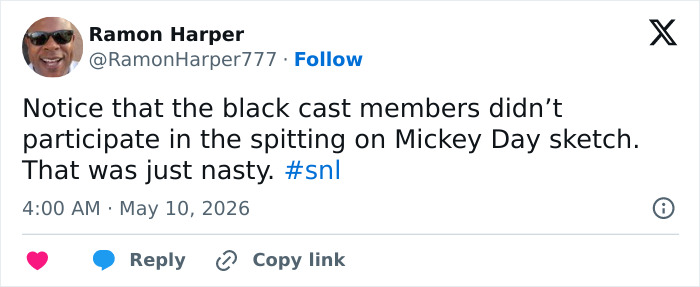 A tweet by Ramon Harper about the "gross" SNL sketch, mentioning Matt Damon and Mikey Day.