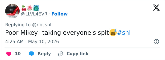 A tweet saying, Poor Mikey! taking everyone's spit 🤤 #snl. This relates to Matt Damon's SNL sketch, leaving viewers disgusted.