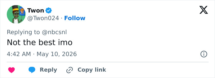 A Twitter user comments Not the best imo in response to Matt Damon SNL sketch, viewers are disgusted.