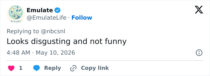 A Twitter reply from Emulate to @nbcsnl reading, Looks disgusting and not funny, referencing Matt Damon's gross SNL sketch.