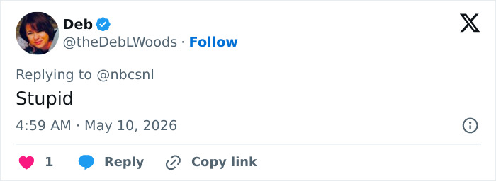 A tweet from Deb replying to @nbcsnl, simply stating "Stupid," reflecting viewer disgust with Matt Damon's SNL sketch.
