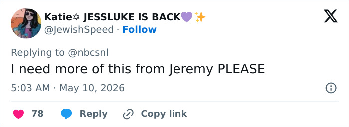 A tweet from Katie expressing desire for more content from Jeremy, possibly related to the Statue of Liberty in a Burqa sketch. A tweet from Katie expressing desire for more content from Jeremy, possibly related to the Statue of Liberty in a Burqa sketch.