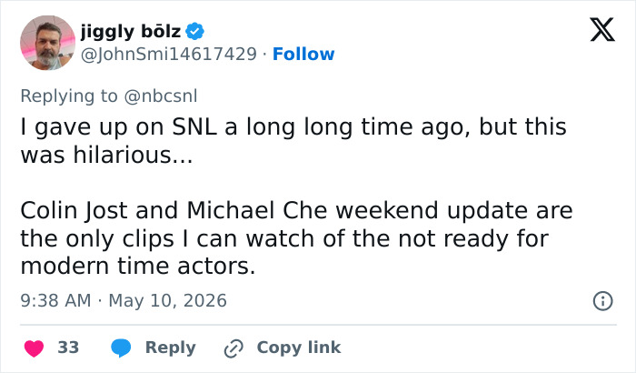 A tweet from JIGGLY BÖLZ saying Met Gala outfits by SNL were hilarious, particularly Weekend Update. A tweet from JIGGLY BÖLZ saying Met Gala outfits by SNL were hilarious, particularly Weekend Update.