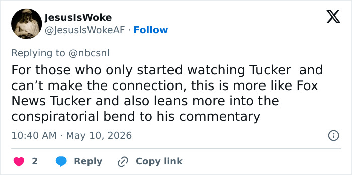 A tweet from @JesusIsWokeAF replying to @nbcsnl, discussing conspiratorial commentary related to the Statue of Liberty. A tweet from @JesusIsWokeAF replying to @nbcsnl, discussing conspiratorial commentary related to the Statue of Liberty.