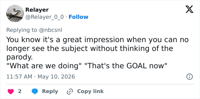 A tweet by Relayer about the Statue of Liberty in a Burqa, discussing parody and its impact. A tweet by Relayer about the Statue of Liberty in a Burqa, discussing parody and its impact.